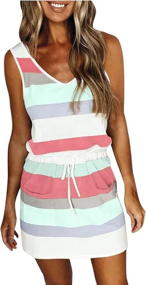 Striped Beach Dresses for Women Summer Sleeveless Sundress V Neck Drawstring Waist Mini Dress with Pocket 2025 New