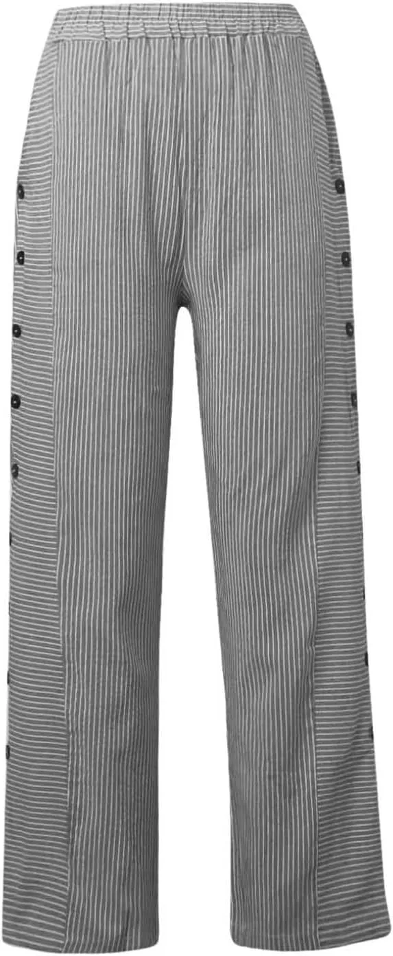 Striped Linen Pants Women Elastic High Waisted Cropped Pants Side Button Summer Vacation Capri Pants with Pockets