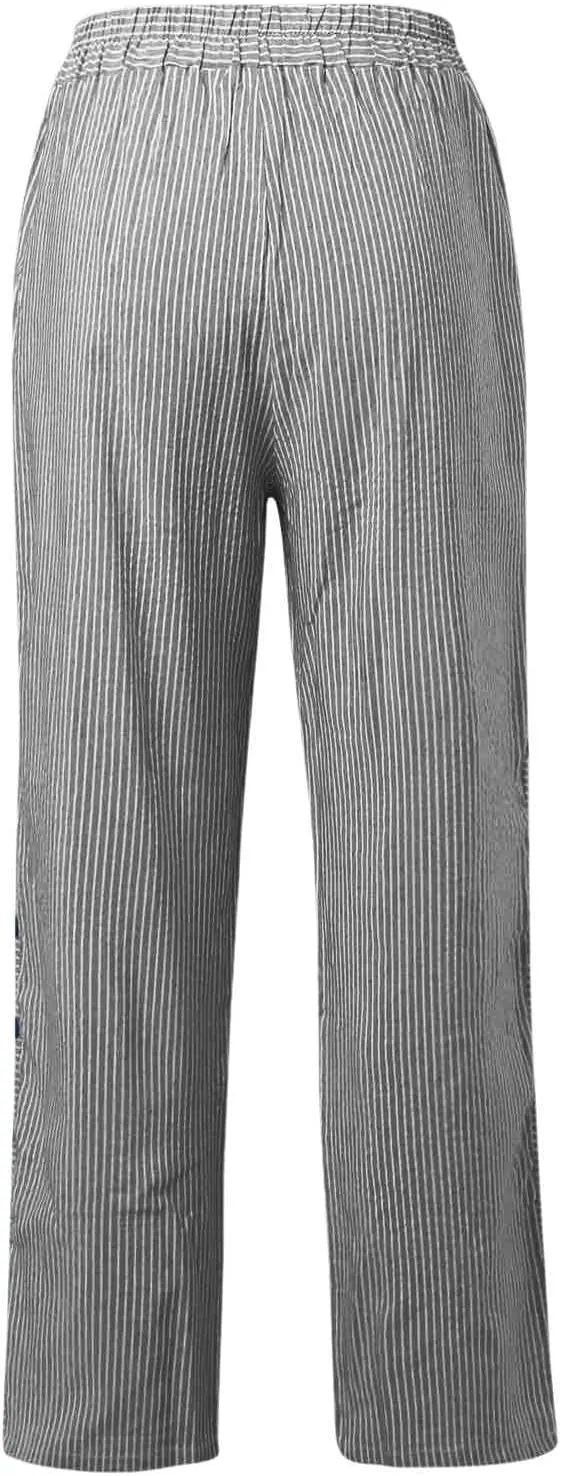 Striped Linen Pants Women Elastic High Waisted Cropped Pants Side Button Summer Vacation Capri Pants with Pockets