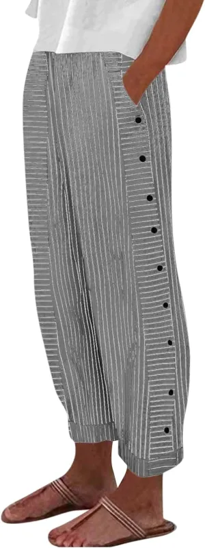 Striped Linen Pants Women Elastic High Waisted Cropped Pants Side Button Summer Vacation Capri Pants with Pockets