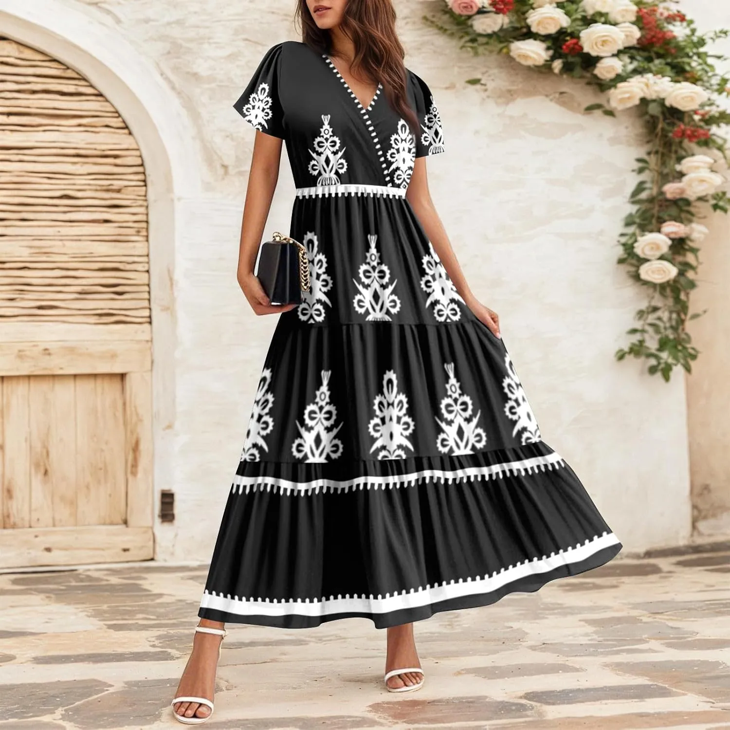 Summer Dress for Women 2025 Floral Sundress Short Sleeve Flowy Beach Vacation Boho Maxi Dresses