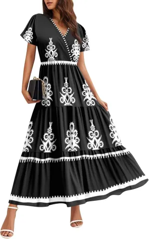 Summer Dress for Women 2025 Floral Sundress Short Sleeve Flowy Beach Vacation Boho Maxi Dresses