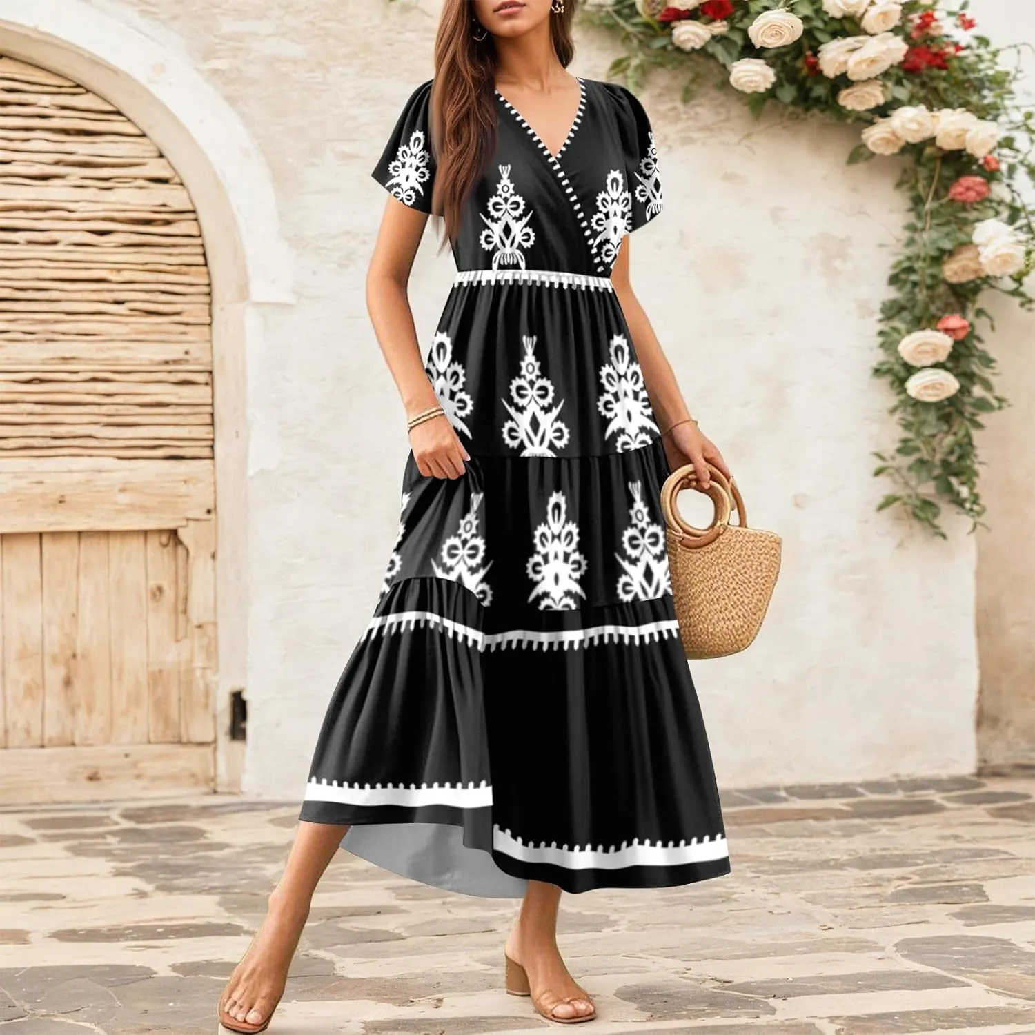Summer Dress for Women 2025 Floral Sundress Short Sleeve Flowy Beach Vacation Boho Maxi Dresses