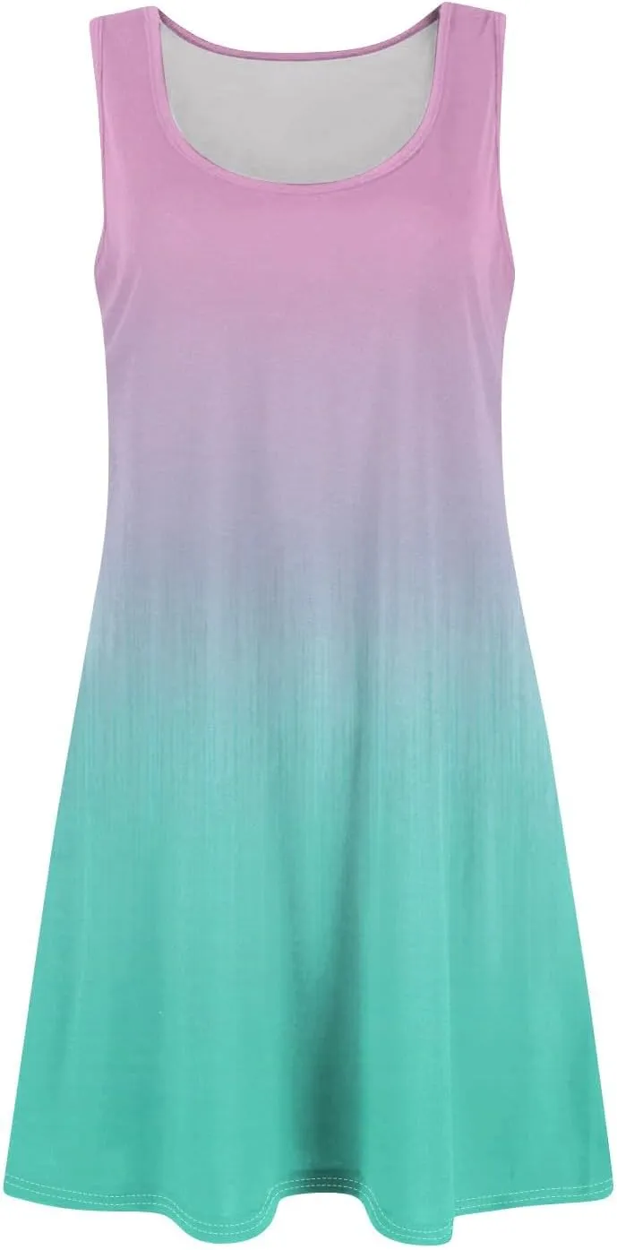 Summer Dress for Women Casual Trendy Ombre Gradient U-Neck Sleeveless Beach Vacation Mini Tank Sundress with Pocket