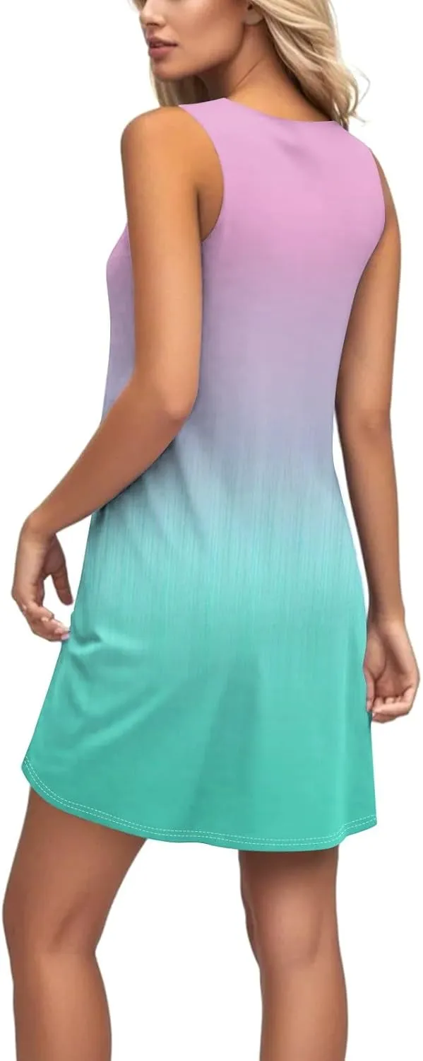 Summer Dress for Women Casual Trendy Ombre Gradient U-Neck Sleeveless Beach Vacation Mini Tank Sundress with Pocket
