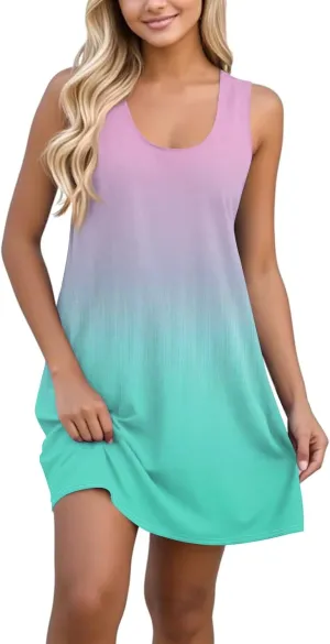Summer Dress for Women Casual Trendy Ombre Gradient U-Neck Sleeveless Beach Vacation Mini Tank Sundress with Pocket