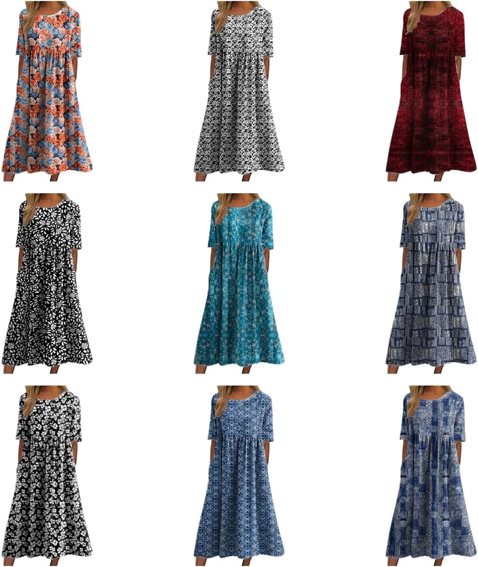 Summer Dress T Shirt Dress Casual Loose Floral Print Round Neck Half Sleeve Swing Midi Dress with Pocket