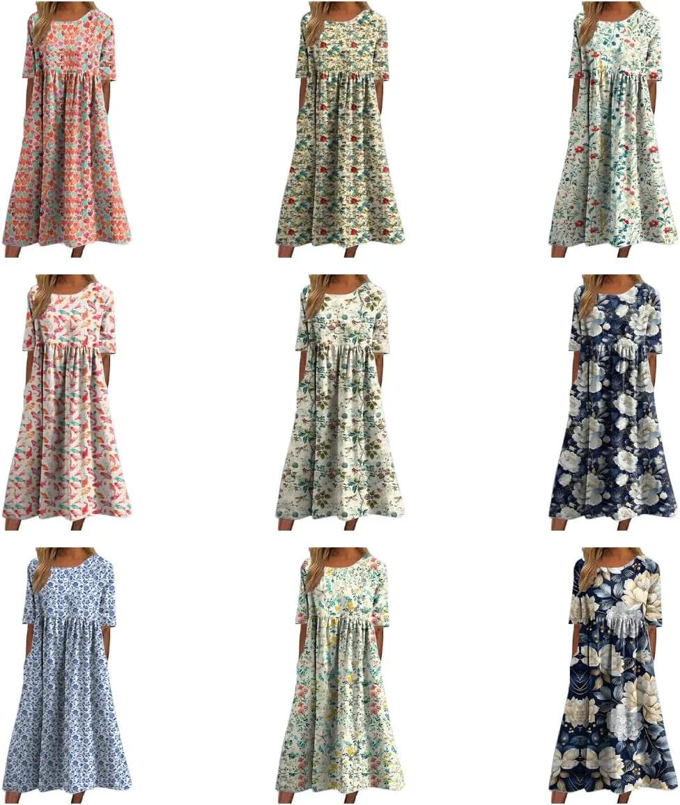 Summer Dress T Shirt Dress Casual Loose Floral Print Round Neck Half Sleeve Swing Midi Dress with Pocket