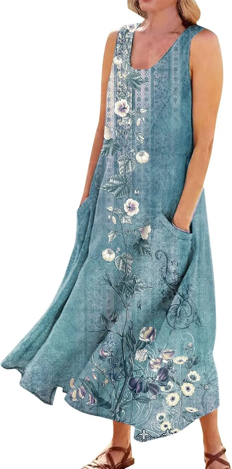 Summer Dresses for Women 2024 Casual Bohemian Solid Color Sleeveless Beach Vacation Sundresses Cotton Linen Dresses Pocket