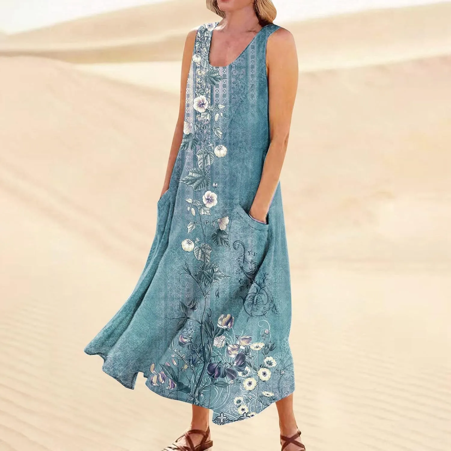Summer Dresses for Women 2024 Casual Bohemian Solid Color Sleeveless Beach Vacation Sundresses Cotton Linen Dresses Pocket