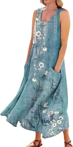 Summer Dresses for Women 2024 Casual Bohemian Solid Color Sleeveless Beach Vacation Sundresses Cotton Linen Dresses Pocket