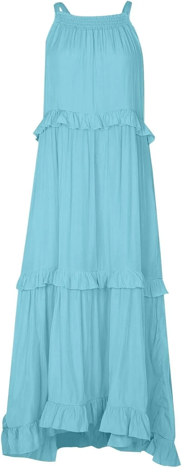 Summer Dresses for Women 2024 Halter Tie Back Ruffle Tiered Flowy Swing Dress Sleeveless Party Maxi Dress Sundress