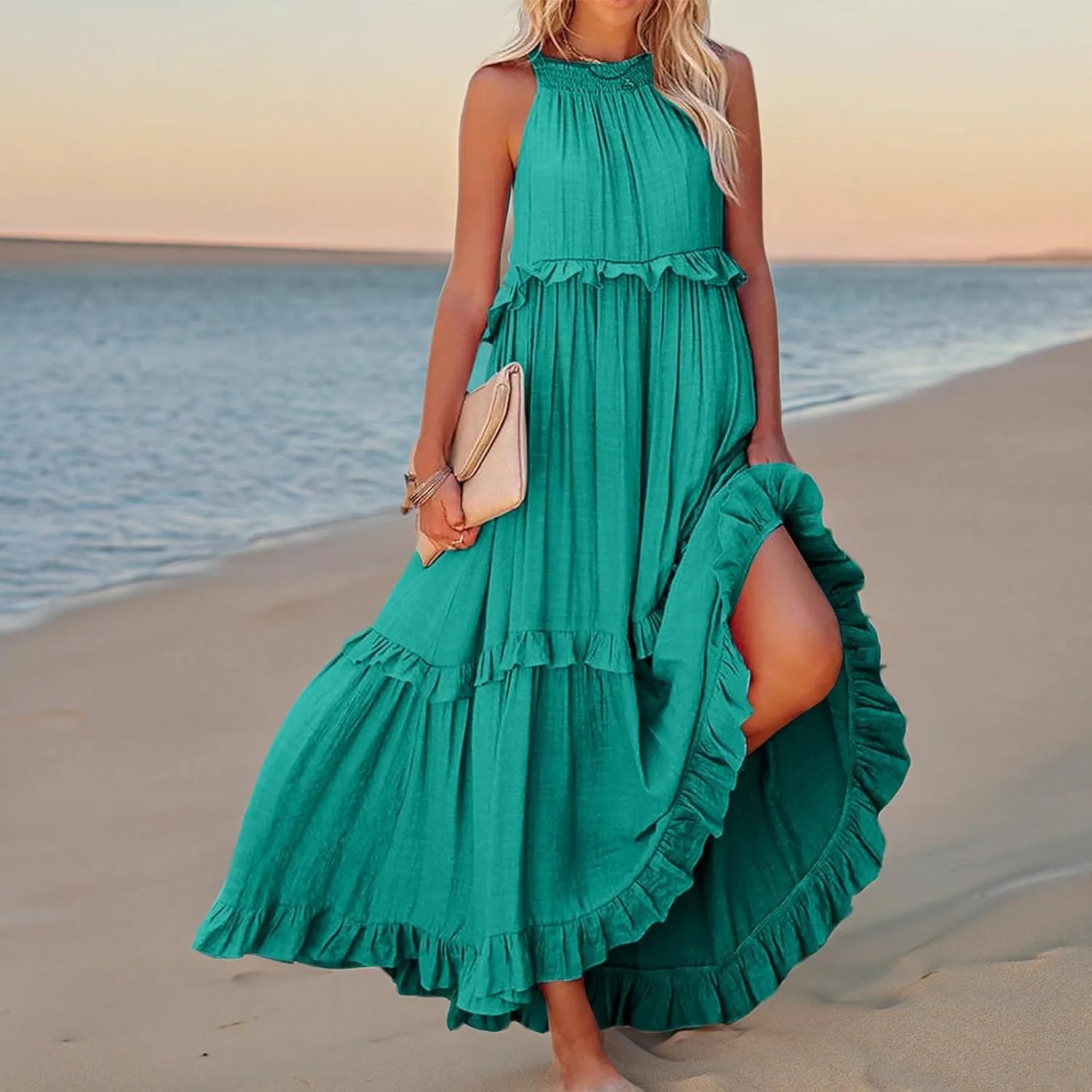 Summer Dresses for Women 2024 Halter Tie Back Ruffle Tiered Flowy Swing Dress Sleeveless Party Maxi Dress Sundress