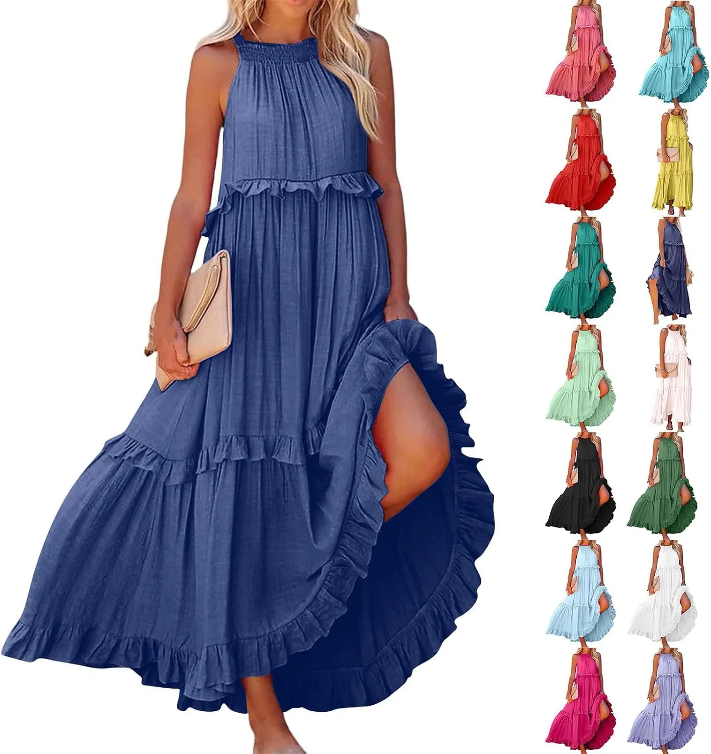 Summer Dresses for Women 2024 Halter Tie Back Ruffle Tiered Flowy Swing Dress Sleeveless Party Maxi Dress Sundress