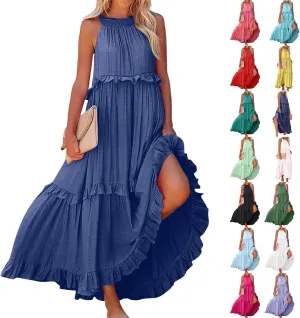 Summer Dresses for Women 2024 Halter Tie Back Ruffle Tiered Flowy Swing Dress Sleeveless Party Maxi Dress Sundress