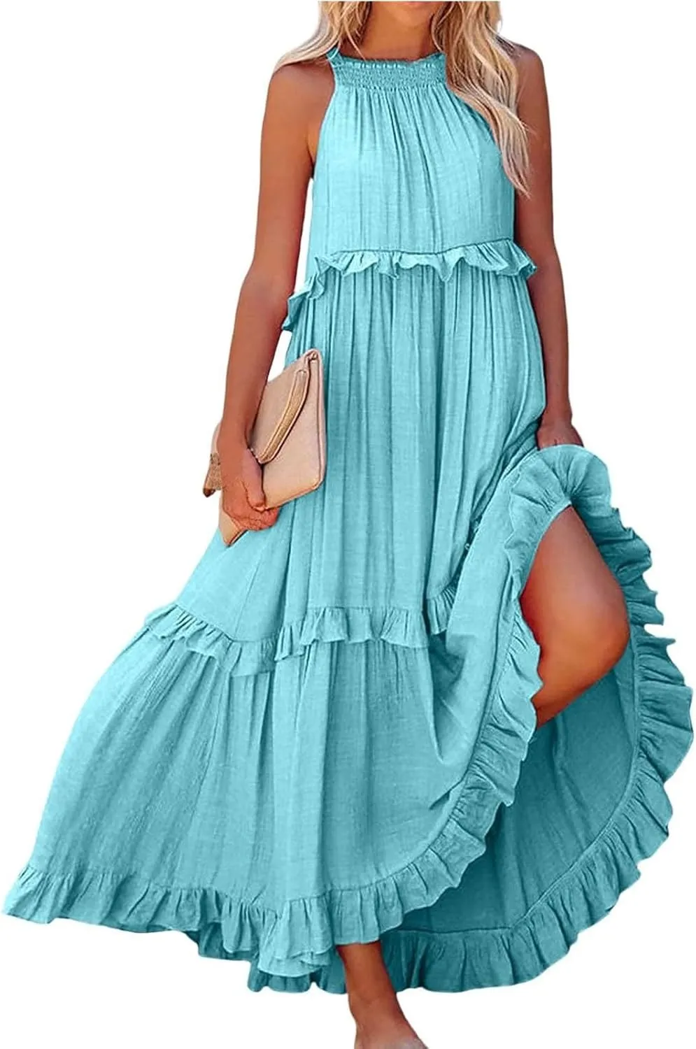 Summer Dresses for Women 2024 Halter Tie Back Ruffle Tiered Flowy Swing Dress Sleeveless Party Maxi Dress Sundress