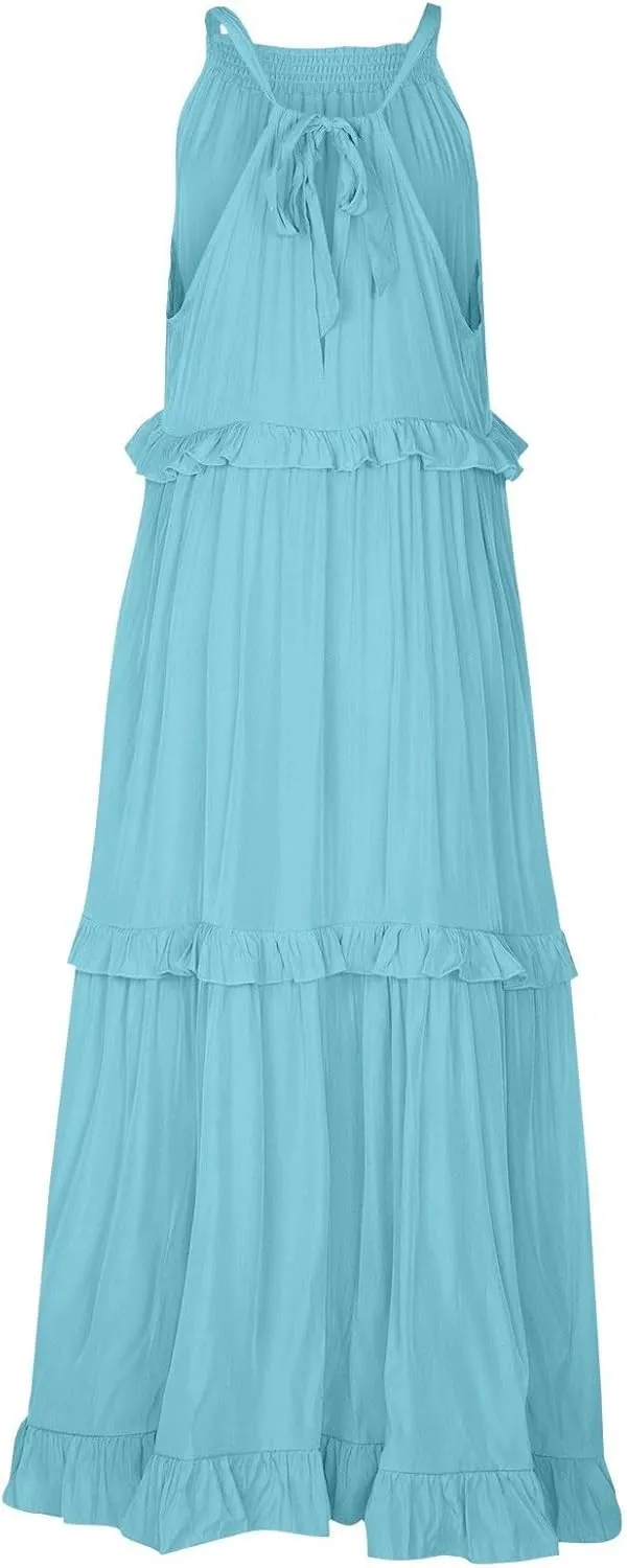 Summer Dresses for Women 2024 Halter Tie Back Ruffle Tiered Flowy Swing Dress Sleeveless Party Maxi Dress Sundress