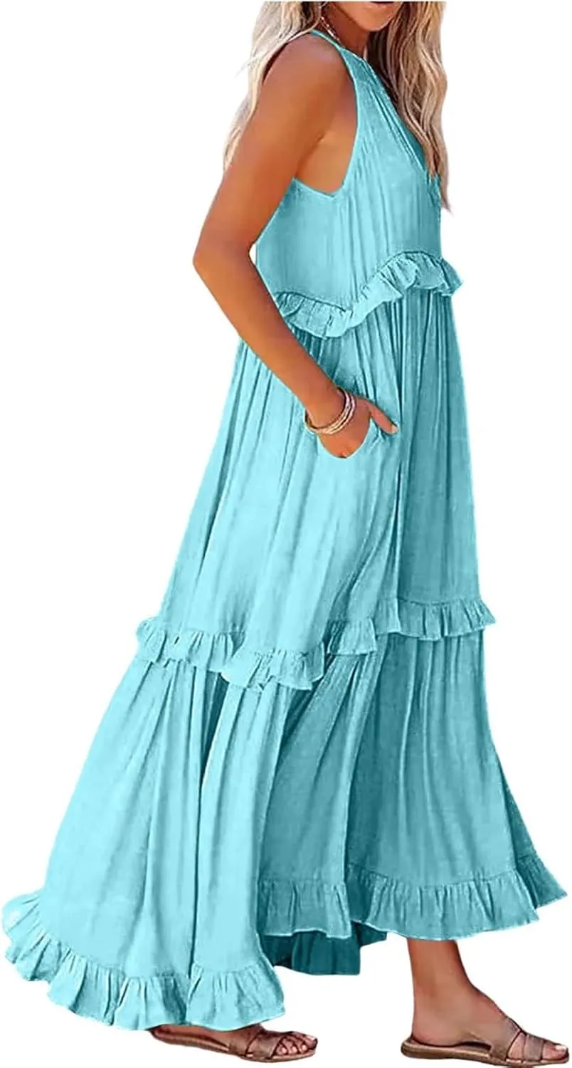 Summer Dresses for Women 2024 Halter Tie Back Ruffle Tiered Flowy Swing Dress Sleeveless Party Maxi Dress Sundress