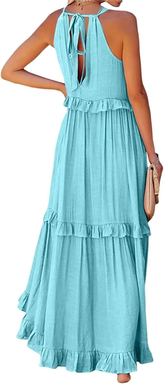 Summer Dresses for Women 2024 Halter Tie Back Ruffle Tiered Flowy Swing Dress Sleeveless Party Maxi Dress Sundress