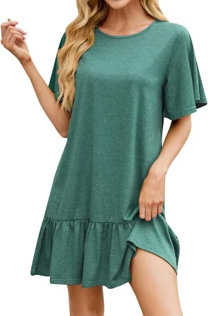 Summer Dresses for Women 2025 Short Sleeve Tshirt Dress Ruffle Hem Solid Loose Pleated Smock Mini Dresses