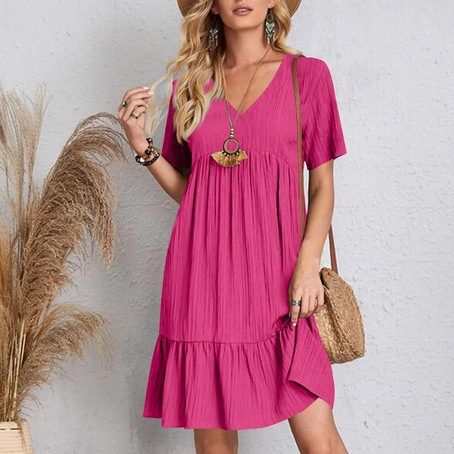 Summer Dresses for Women 2025 Short Sleeve V Neck Mini Tshirt Dress Pleated Ruffle Flowy Boho Beach Vacation Sundress