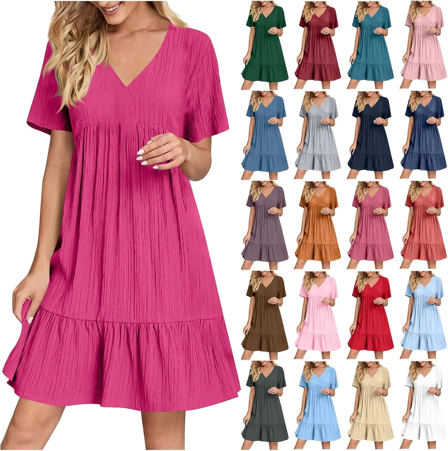 Summer Dresses for Women 2025 Short Sleeve V Neck Mini Tshirt Dress Pleated Ruffle Flowy Boho Beach Vacation Sundress