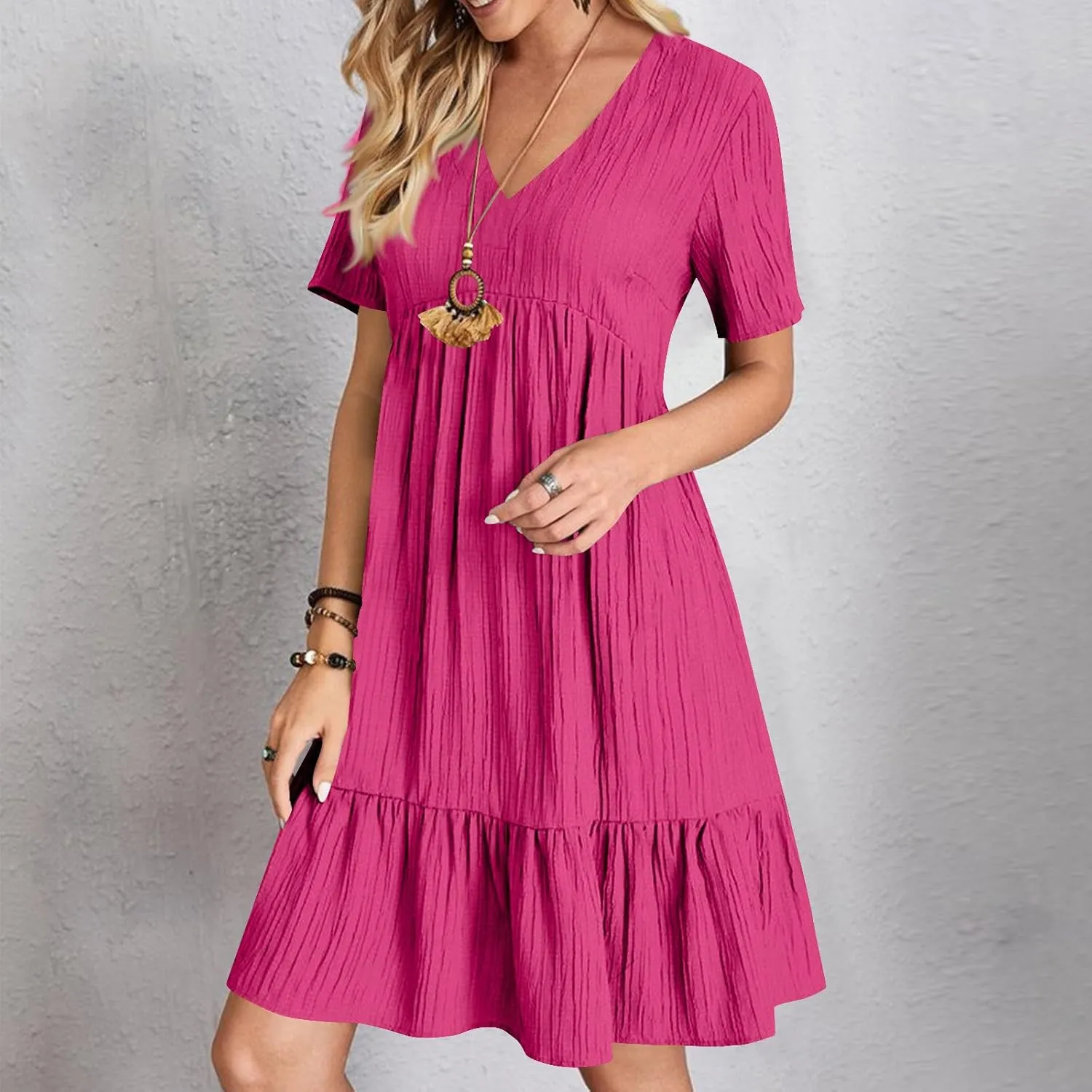 Summer Dresses for Women 2025 Short Sleeve V Neck Mini Tshirt Dress Pleated Ruffle Flowy Boho Beach Vacation Sundress