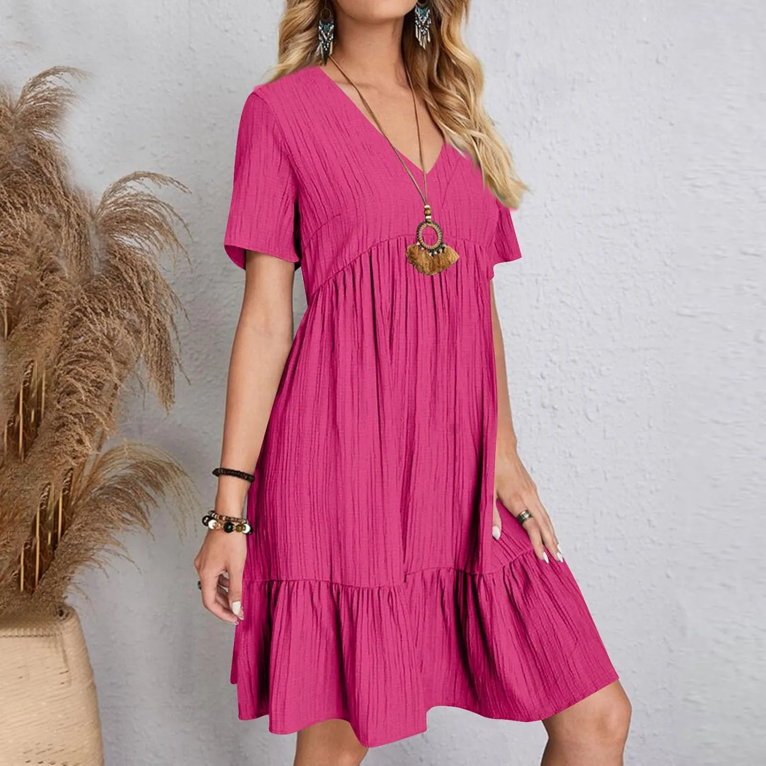 Summer Dresses for Women 2025 Short Sleeve V Neck Mini Tshirt Dress Pleated Ruffle Flowy Boho Beach Vacation Sundress