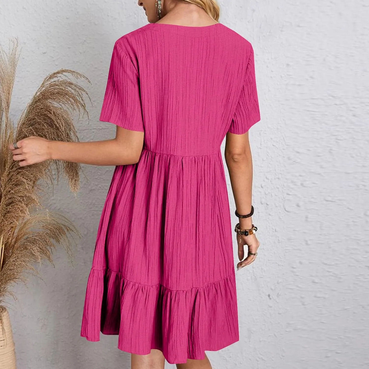 Summer Dresses for Women 2025 Short Sleeve V Neck Mini Tshirt Dress Pleated Ruffle Flowy Boho Beach Vacation Sundress