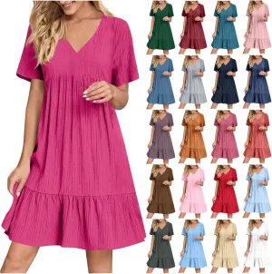 Summer Dresses for Women 2025 Short Sleeve V Neck Mini Tshirt Dress Pleated Ruffle Flowy Boho Beach Vacation Sundress