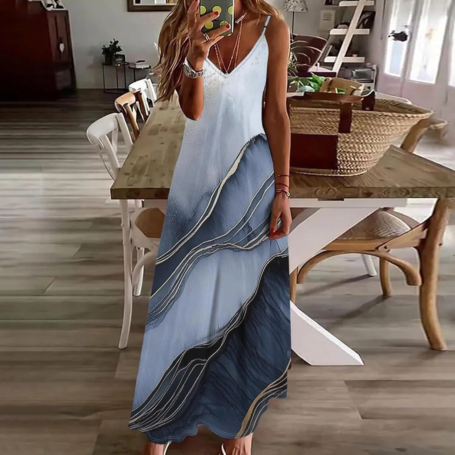 Summer Dresses for Women 2025 Vacation Casual V Neck Maxi Dress Trendy A-Line Flowy Beach Spaghetti Strap Sundress