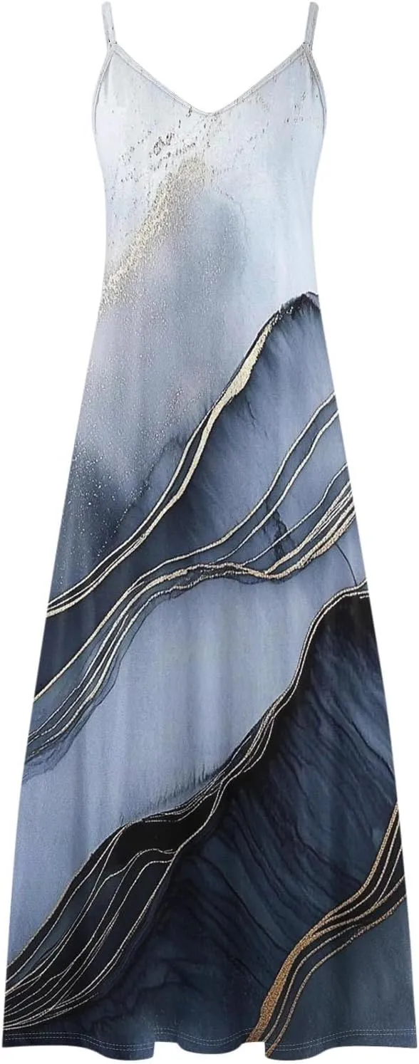 Summer Dresses for Women 2025 Vacation Casual V Neck Maxi Dress Trendy A-Line Flowy Beach Spaghetti Strap Sundress