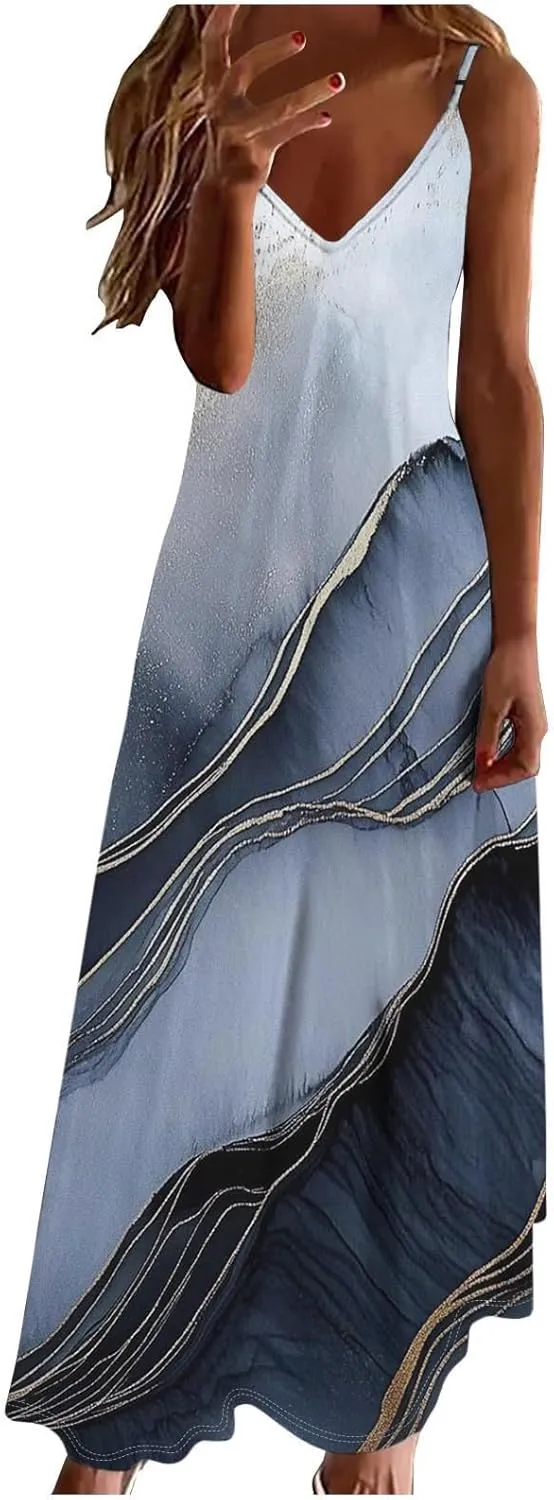 Summer Dresses for Women 2025 Vacation Casual V Neck Maxi Dress Trendy A-Line Flowy Beach Spaghetti Strap Sundress