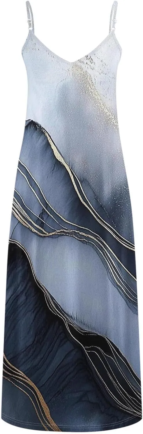 Summer Dresses for Women 2025 Vacation Casual V Neck Maxi Dress Trendy A-Line Flowy Beach Spaghetti Strap Sundress