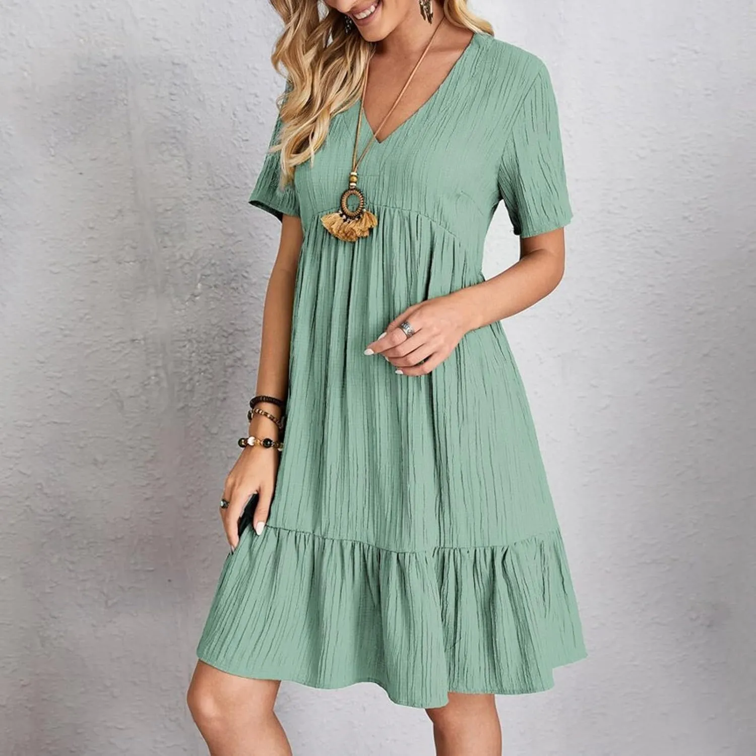 Summer Dresses for Women 2025 Vacation v Neck Flowy Short Sleeve Mini T Shirt Dress Pleated Ruffle Beach Sundresses