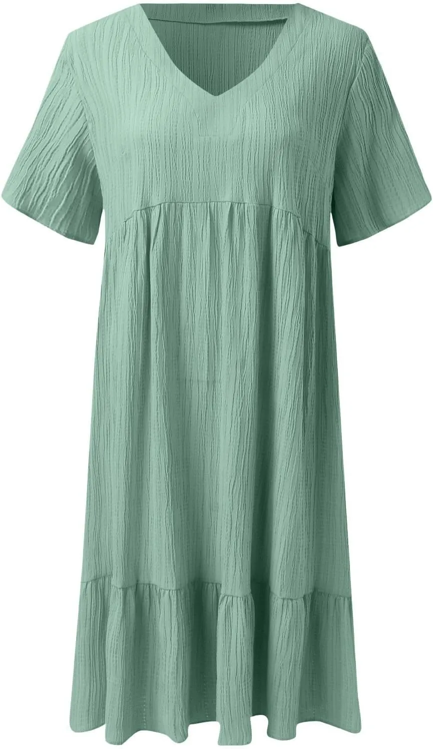Summer Dresses for Women 2025 Vacation v Neck Flowy Short Sleeve Mini T Shirt Dress Pleated Ruffle Beach Sundresses