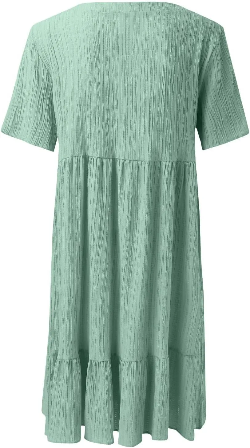 Summer Dresses for Women 2025 Vacation v Neck Flowy Short Sleeve Mini T Shirt Dress Pleated Ruffle Beach Sundresses
