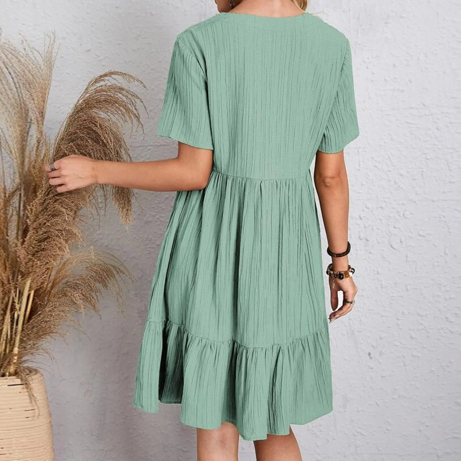 Summer Dresses for Women 2025 Vacation v Neck Flowy Short Sleeve Mini T Shirt Dress Pleated Ruffle Beach Sundresses