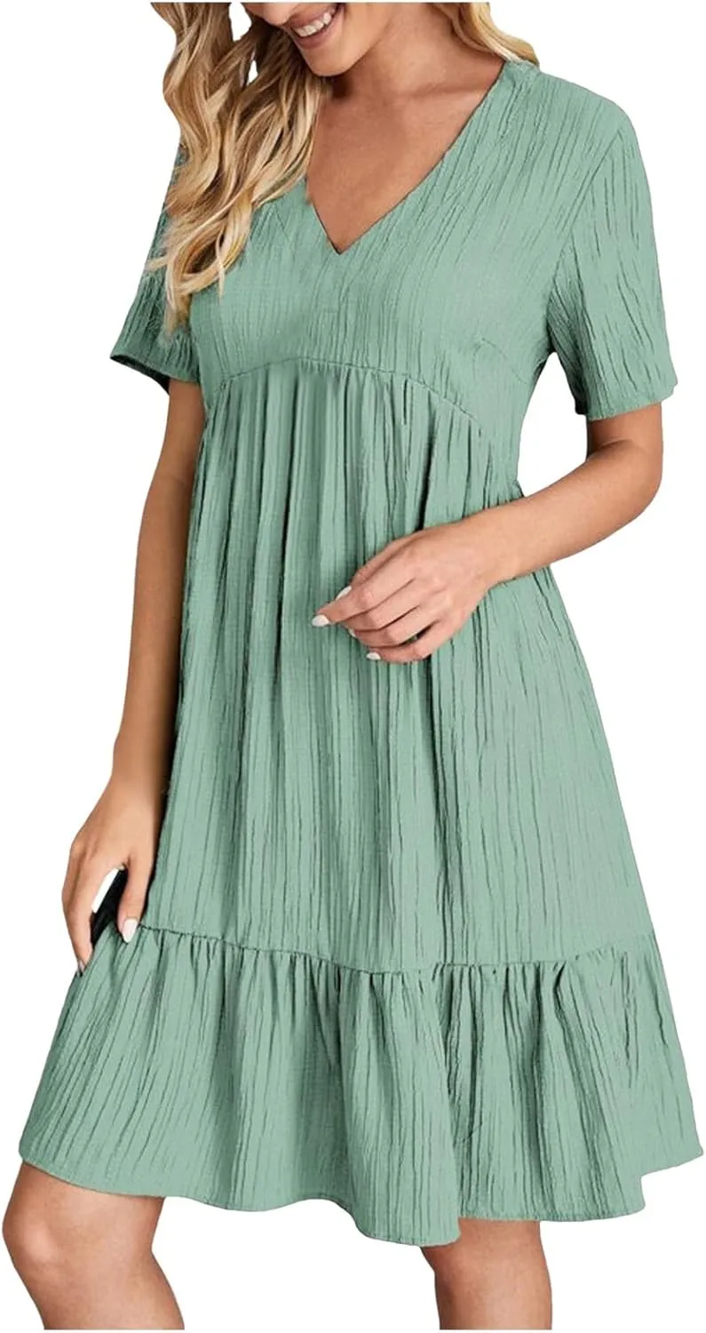 Summer Dresses for Women 2025 Vacation v Neck Flowy Short Sleeve Mini T Shirt Dress Pleated Ruffle Beach Sundresses