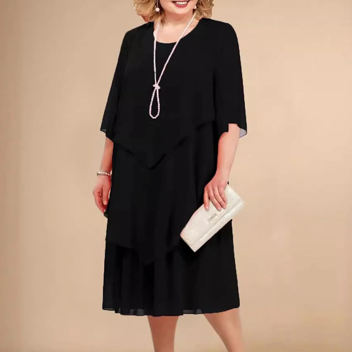 Summer Dresses for Women Plus Size Short Sleeve Ruffle Layered Formal Wear Wedding Guest Dresses Chiffon Midi Dress