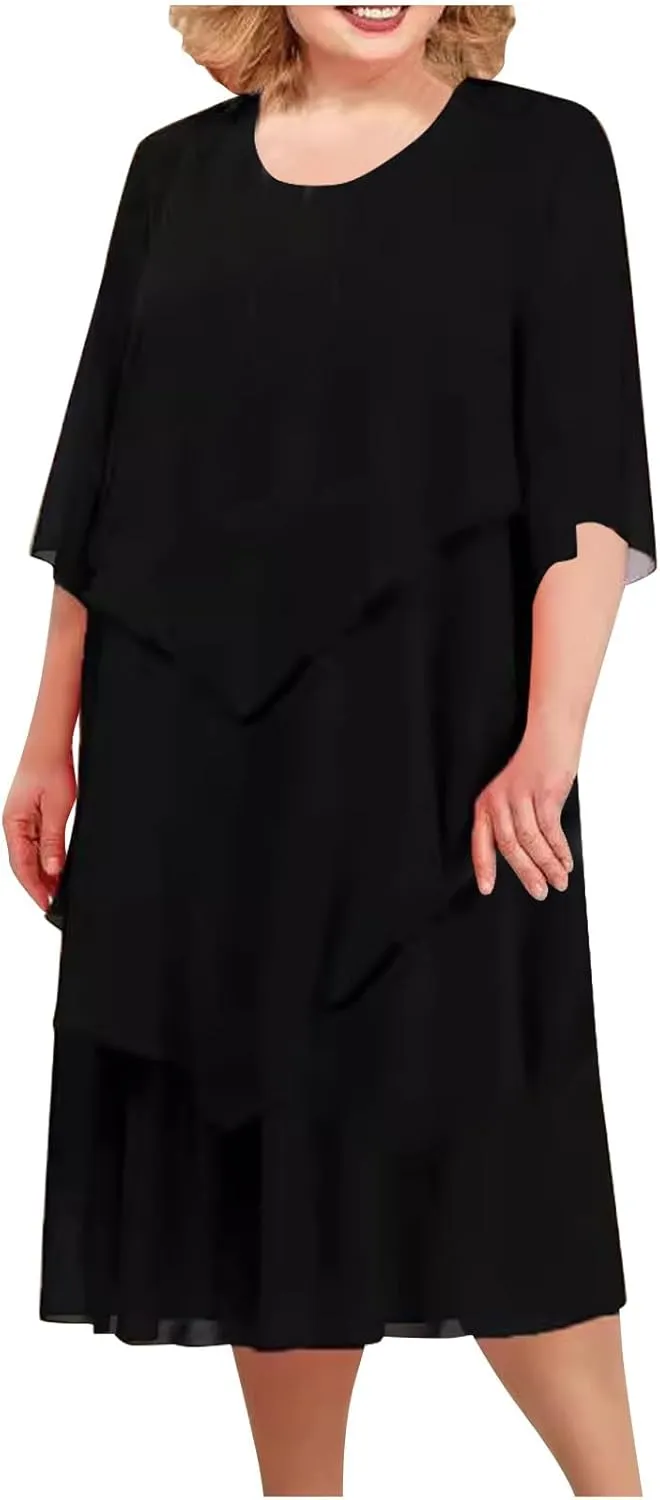 Summer Dresses for Women Plus Size Short Sleeve Ruffle Layered Formal Wear Wedding Guest Dresses Chiffon Midi Dress