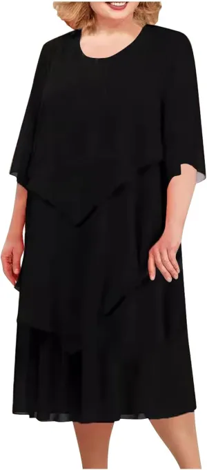 Summer Dresses for Women Plus Size Short Sleeve Ruffle Layered Formal Wear Wedding Guest Dresses Chiffon Midi Dress