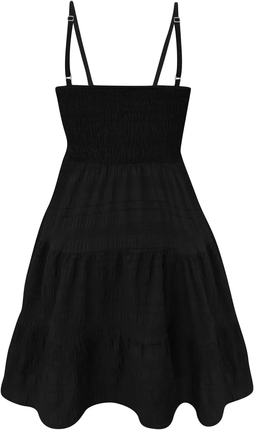 Summer Dresses for Women Sleeveless Mini Dress Spaghetti Strap Ruffle Hem Sundress Tiered Elastic Textured Dress