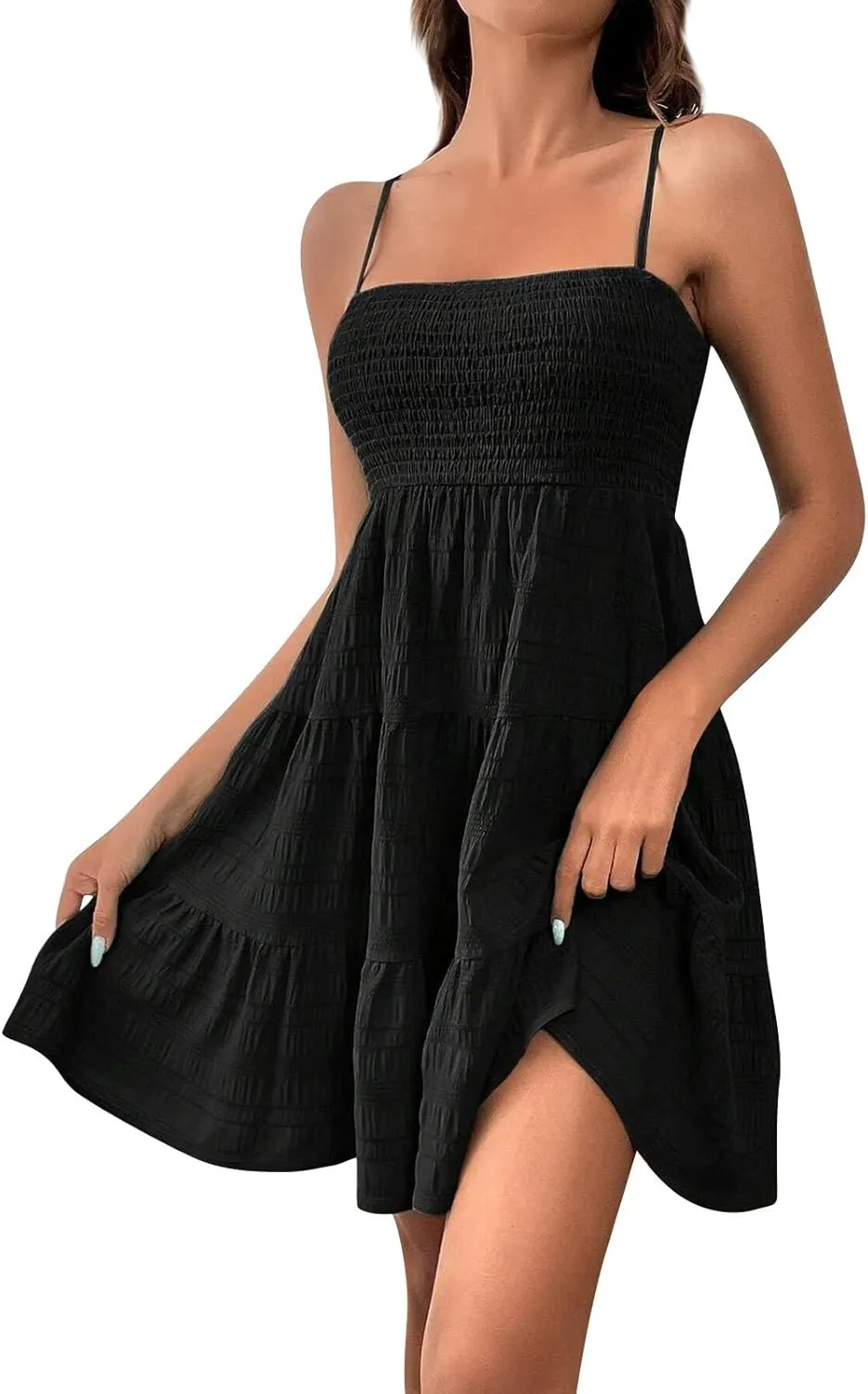 Summer Dresses for Women Sleeveless Mini Dress Spaghetti Strap Ruffle Hem Sundress Tiered Elastic Textured Dress