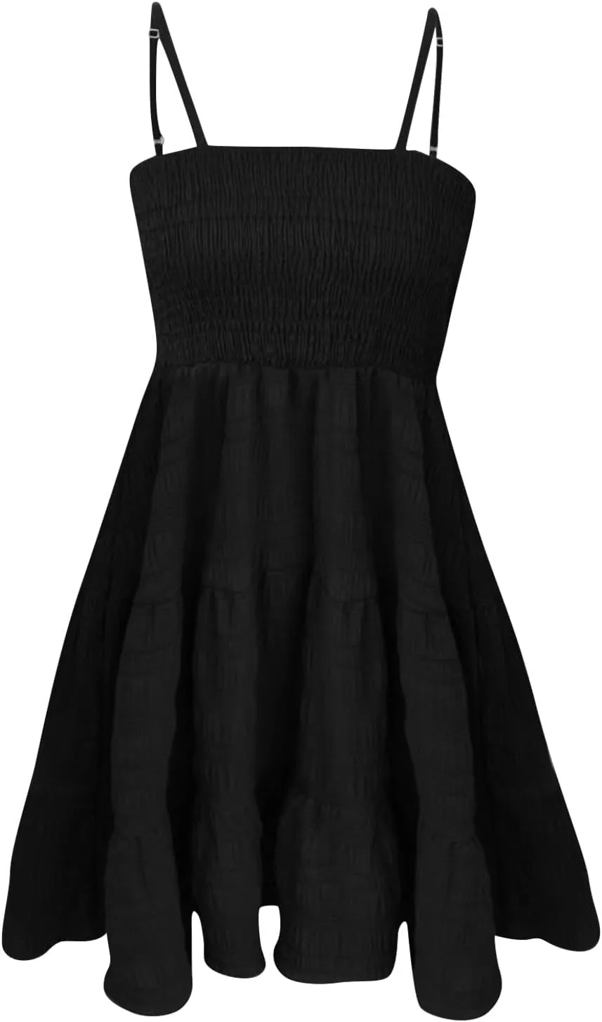 Summer Dresses for Women Sleeveless Mini Dress Spaghetti Strap Ruffle Hem Sundress Tiered Elastic Textured Dress