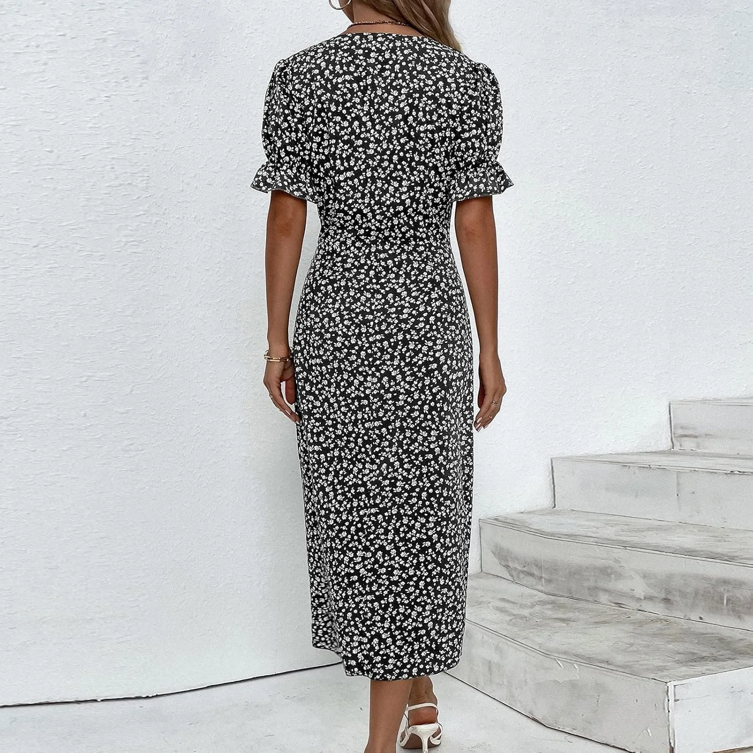 Summer Dresses for Women Wrap Midi Dresses for Women Puff Sleeve Trendy Summer Loose Casual Vintage Cute