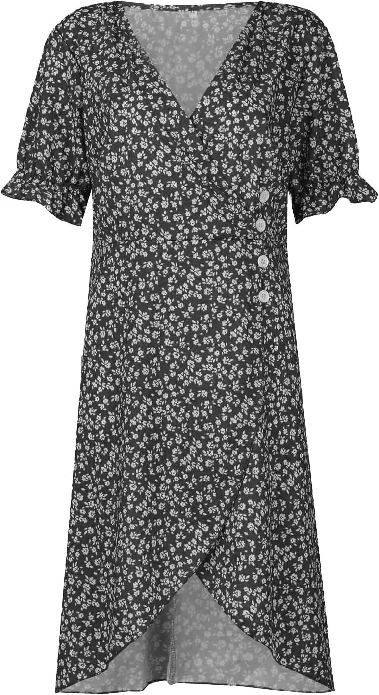 Summer Dresses for Women Wrap Midi Dresses for Women Puff Sleeve Trendy Summer Loose Casual Vintage Cute