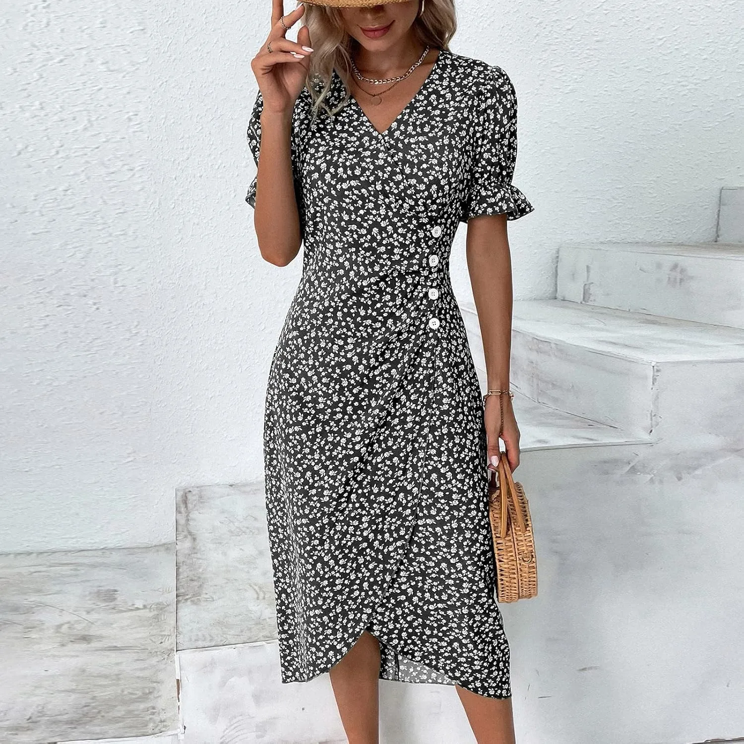 Summer Dresses for Women Wrap Midi Dresses for Women Puff Sleeve Trendy Summer Loose Casual Vintage Cute