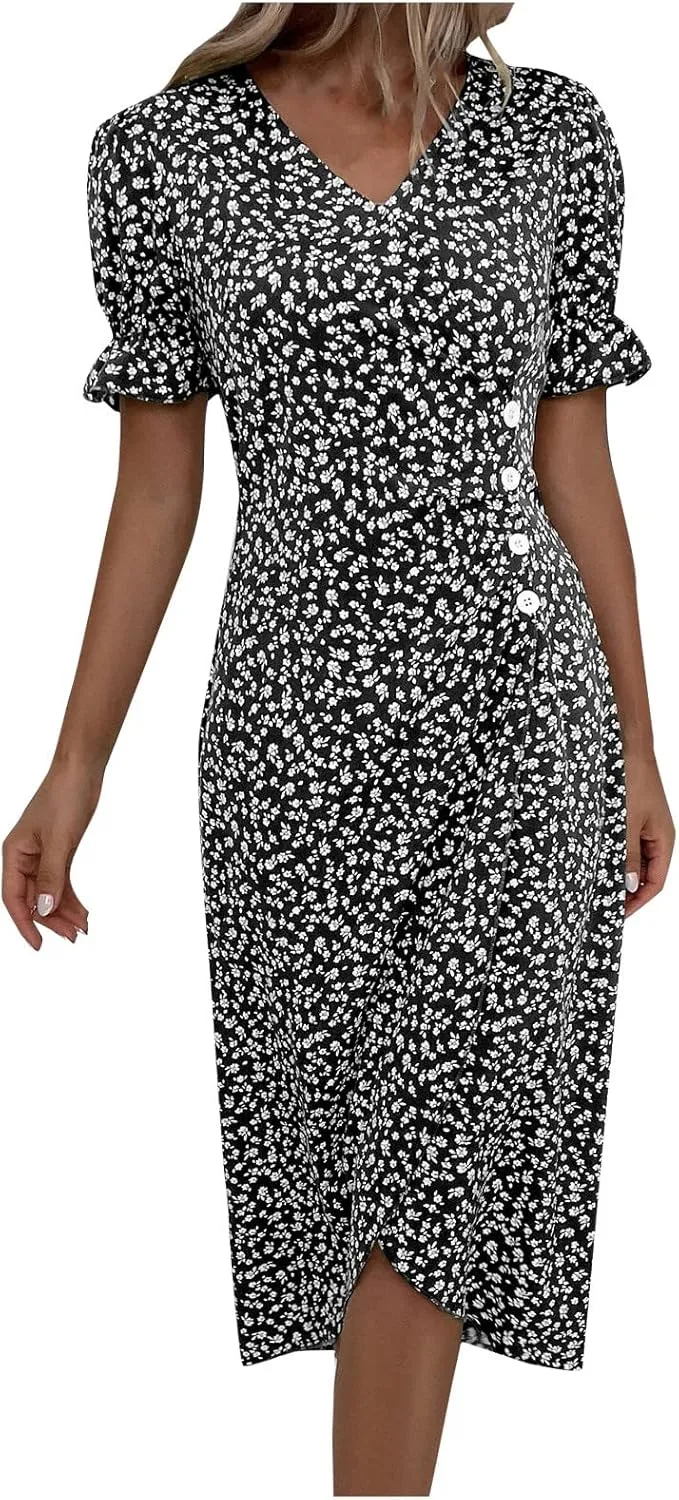 Summer Dresses for Women Wrap Midi Dresses for Women Puff Sleeve Trendy Summer Loose Casual Vintage Cute