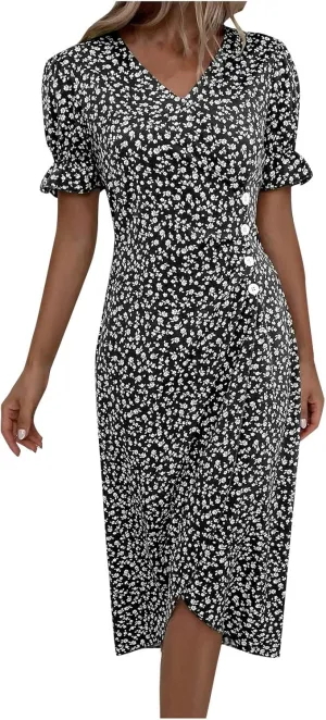 Summer Dresses for Women Wrap Midi Dresses for Women Puff Sleeve Trendy Summer Loose Casual Vintage Cute